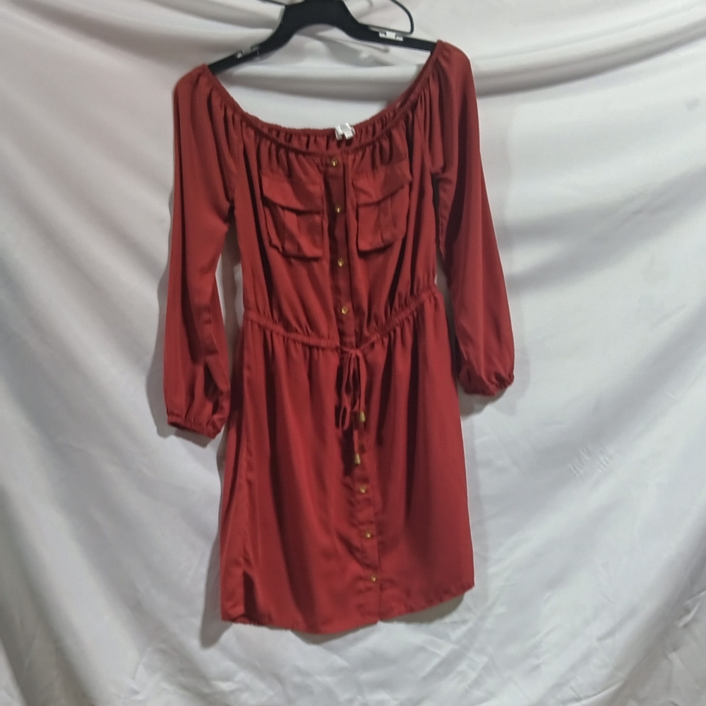 Womens Riley and James Red Off-Shoulder Dress with Button Details